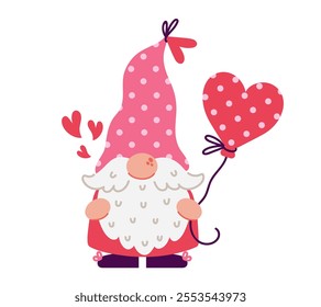 Cute holiday gnome with a heart shaped balloon. Funny elf with beard, in a red and pink suit and a polka dot hat. Happy Valentine's Day greeting, romantic surprise. Hand drawn clipart, cartoon doodle