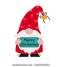 Cute holiday gnome vector illustration. A bearded elf is holding a sign with a wish for Merry Christmas. Santa Claus helper in a polka dot red stocking cap with a bell. Flat cartoon clipart for print
