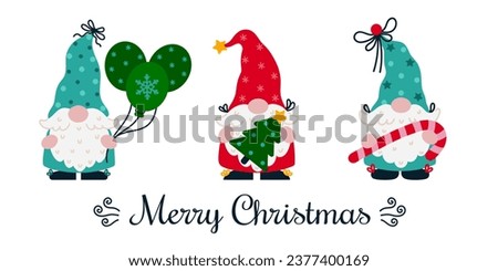 Cute holiday gnomes vector set. Funny bearded elves are holding a Christmas tree, a sweet striped candy, balloons with snowflake print. Santa Claus helpers in a stocking caps. Flat cartoon clipart