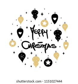 cute holiday greeting card with handwritten modern lettering merry christmas text and christmas gold and balck balls
