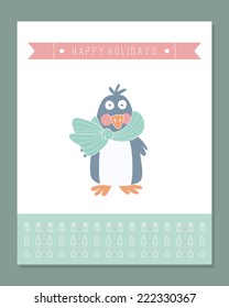 Cute holiday greeting card with a penguin. EPS 10. No transparency. No gradients. Blend.