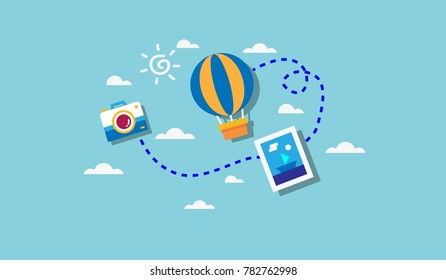 Cute holiday icon with camera, hot air balloon and photo on blue background