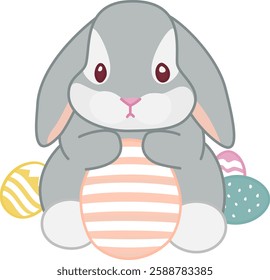 Cute Holiday Illustration of Kawaii Grey Bunny with Easter Eggs. A sweet grey bunny cuddling a large Easter egg, surrounded by colorful decorated eggs with a soft pastel color palette.