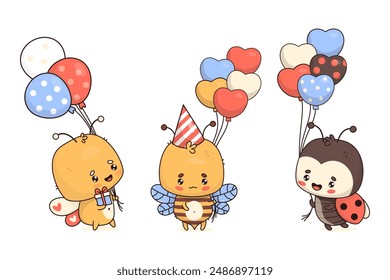 Cute holiday insects. Cartoon happy butterfly, bee and ladybug in birthday cap with balloons. Isolated funny character in kawaii style. Vector illustration. Kids collection