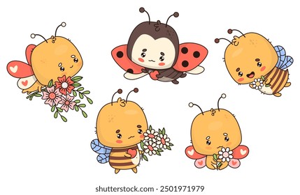 Cute holiday insects set. Cartoon butterfly, bee and ladybug with bouquet of flowers and heart. Isolated funny character in kawaii style. Vector illustration. Kids collection