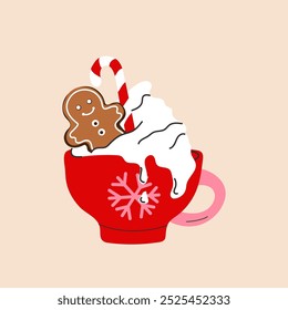 A cute holiday mug with a flat cartoon style, featuring a Christmas hot drink