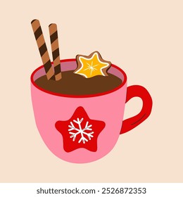 A cute holiday mug with a flat cartoon style, featuring a Christmas hot drink
