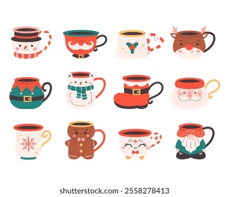 Cute holiday mugs collection. Christmas characters mugs. Vector illustration in flat style