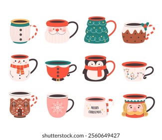 Cute holiday mugs collection. Christmas characters mugs. Vector illustration in flat style