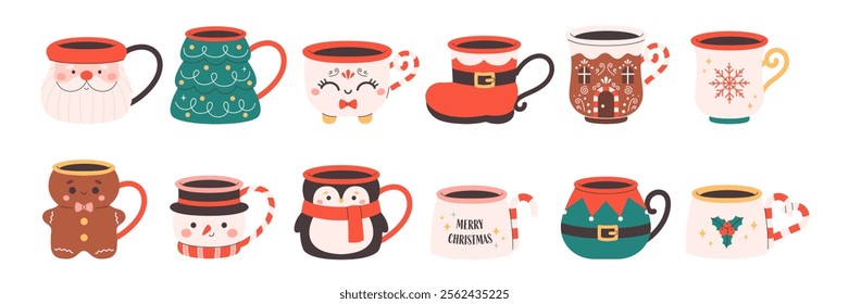 Cute holiday mugs collection. Christmas characters mugs. Vector illustration in flat style