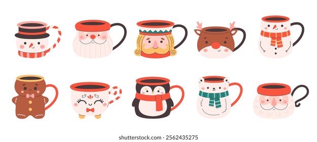 Cute holiday mugs collection. Christmas characters mugs. Vector illustration in flat style