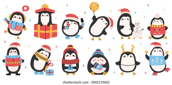 Cute holiday penguins. Christmas hand drawn penguins, xmas holiday winter penguin characters isolated vector illustration set. Funny holidays penguins. Character bird dancing in scarf to holiday