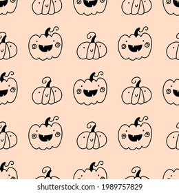 Cute holiday pumpkins seamless halloween pattern in simple hand drawn childish cartoon doodle style. One line on a pastel background. Ideal for baby textiles, clothing