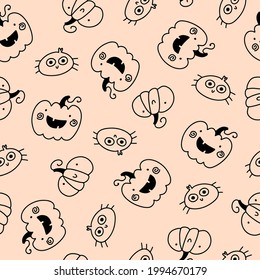 Cute holiday pumpkins and spider seamless halloween pattern in simple hand drawn childish cartoon doodle style. One line on a pastel background. Ideal for baby textiles, clothing