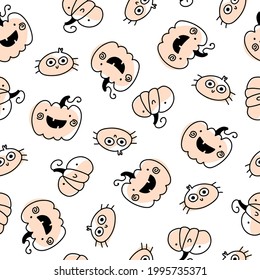 Cute holiday pumpkins and spider seamless halloween pattern in simple hand drawn childish cartoon doodle style. One line on a pastel background. Ideal for baby textiles, clothing