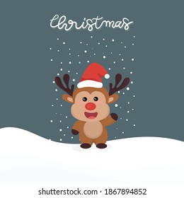 Cute holiday reindeer face.Cute Reindeer and snow with santa claus lettering.
