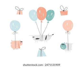 Conjunto de vacaciones lindo: tres perros divertidos volando en globos. ilustración de garabato dibujado a mano de Vector.