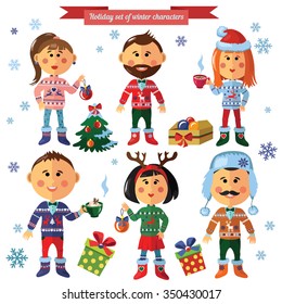 Cute holiday set of winter characters in flat art style. Can be used as labels for sales, greeting card, invitation.