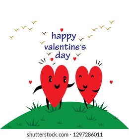 Cute holiday Valentines day card with funny cartoon character of emoji hearts for your decoration