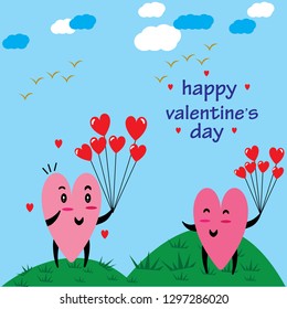 Cute holiday Valentines day card with funny cartoon character of emoji hearts for your decoration