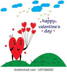 Cute holiday Valentines day card with funny cartoon character of emoji hearts for your decoration
