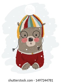 Cute holiday vector illustration of a bear wearing knitted sweater, hat and glasses in winter. Graphic elements for kids design. Childish hand drawn cartoon bear for Christams greeting card and poster
