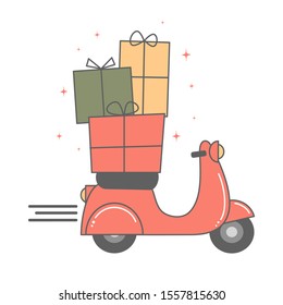cute holidays fast delivery concept vector cartoon illustration with scooter motorcycle and christmas gift box