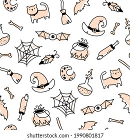Cute holidays seamless halloween pattern in simple hand drawn childish cartoon doodle style. One line on a pastel background. Ideal for baby textiles, clothing