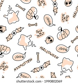 Cute holidays seamless halloween pattern in simple hand drawn childish cartoon doodle style. One line on a pastel background. Ideal for baby textiles, clothing