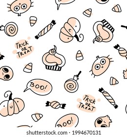 Cute holidays seamless halloween pattern in simple hand drawn childish cartoon doodle style. One line on a pastel background. Ideal for baby textiles, clothing