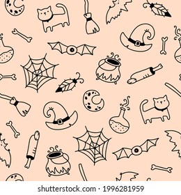 Cute holidays seamless halloween pattern in simple hand drawn childish cartoon doodle style. One line on a pastel background. Ideal for baby textiles, clothing