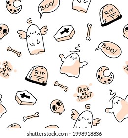 Cute holidays seamless halloween pattern in simple hand drawn childish cartoon doodle style. One line on a pastel background. Ideal for baby textiles, clothing