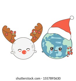 cute holidays vector cartoon illustration with character planet earth with santa hat and moon with reindeer antlers