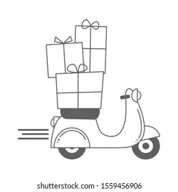 cute holidays vector cartoon with scooter motorcycle and christmas gift box funny illustration for coloring art
