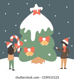 cute holidays vector illustration with happy tiny people decorate huge christmas tree in the snow