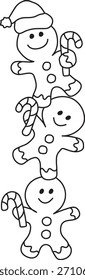 Linda página para colorear con temática navideña con tres personajes apilados de pan de jengibre, cada uno con un bastón de caramelo. La figura superior del pan de jengibre lleva un sombrero festivo, mientras que los tres tienen caras sonrientes amistosas