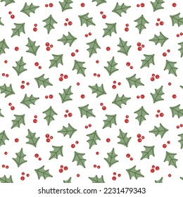 Cute holly plant leaves and berries seamless vector pattern. Vintage hand drawn floral Christmas theme background for wrapping paper, card, print, gift, fabric, wallpaper, textile, packaging, apparel.