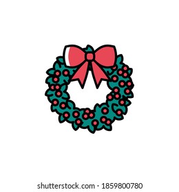 Cute holly wreath with berries vector icon in trendy cartoon style. Colorful Christmas holly wreath with a bow knot isolated on white background. Ilex illustration. Christmas and New Year decoration.