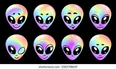 Cute holographic alien faces with different emotions set on a black background.Holographic alien heads for stickers, icons, print, emblem,digital art, social media graphics, sci fi.Vector illustration