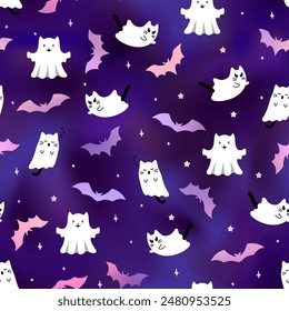 Cute holographic halloween pattern with ghost cats and bats on violet gradient background. Vector flying Halloween characters, cartoon kittens spirit texture. Kawaii ghost neon print.