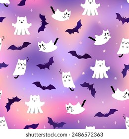 Cute holographic halloween pattern with ghost cats and bats on pink gradient background. Vector flying Halloween characters, cartoon kittens spirit texture. Kawaii ghost purple print