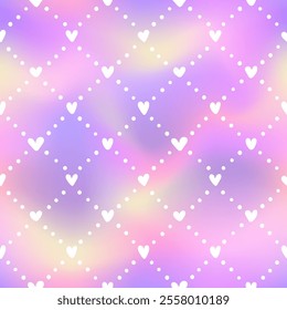 Cute holographic heart seamless pattern. Vector hand drawn love hearts, diagonal dotted line, rhombus white texture on foil rainbow gradient background. Valentines day trendy abstract print, wallpaper
