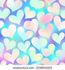 Cute holographic pink blue hand drawn heart seamless pattern. Vector love hearts texture on gradient background. Valentines day print, trendy abstract design for wrapping paper, wallpaper, cover.