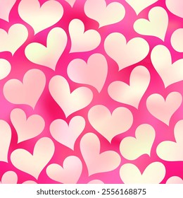 Cute holographic pink hand drawn heart seamless pattern. Vector love heart texture on red gradient background. Valentines day print, trendy abstract minimal design for wrapping paper, cover, wallpaper