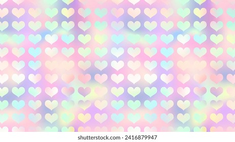 Cute holographic rainbow heart background. Vector love hearts neon texture on soft pink gradient background. Valentines day iridescent wallpaper, trendy abstract minimal design