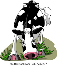 Cute holstein breed dairy cow grazing in a meadow wagging tail happy front view cartoon style