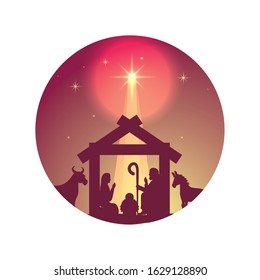 cute holy family and animals manger silhouettes vector illustration design