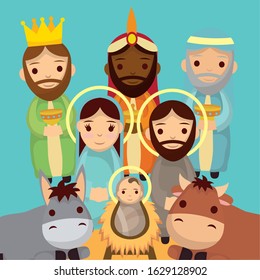 cute holy family manger characters vector illustration design
