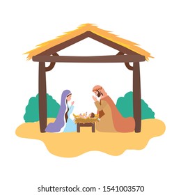 cute holy family in stable manger characters vector illustration design