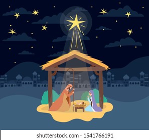 cute holy family in stable manger characters vector illustration design